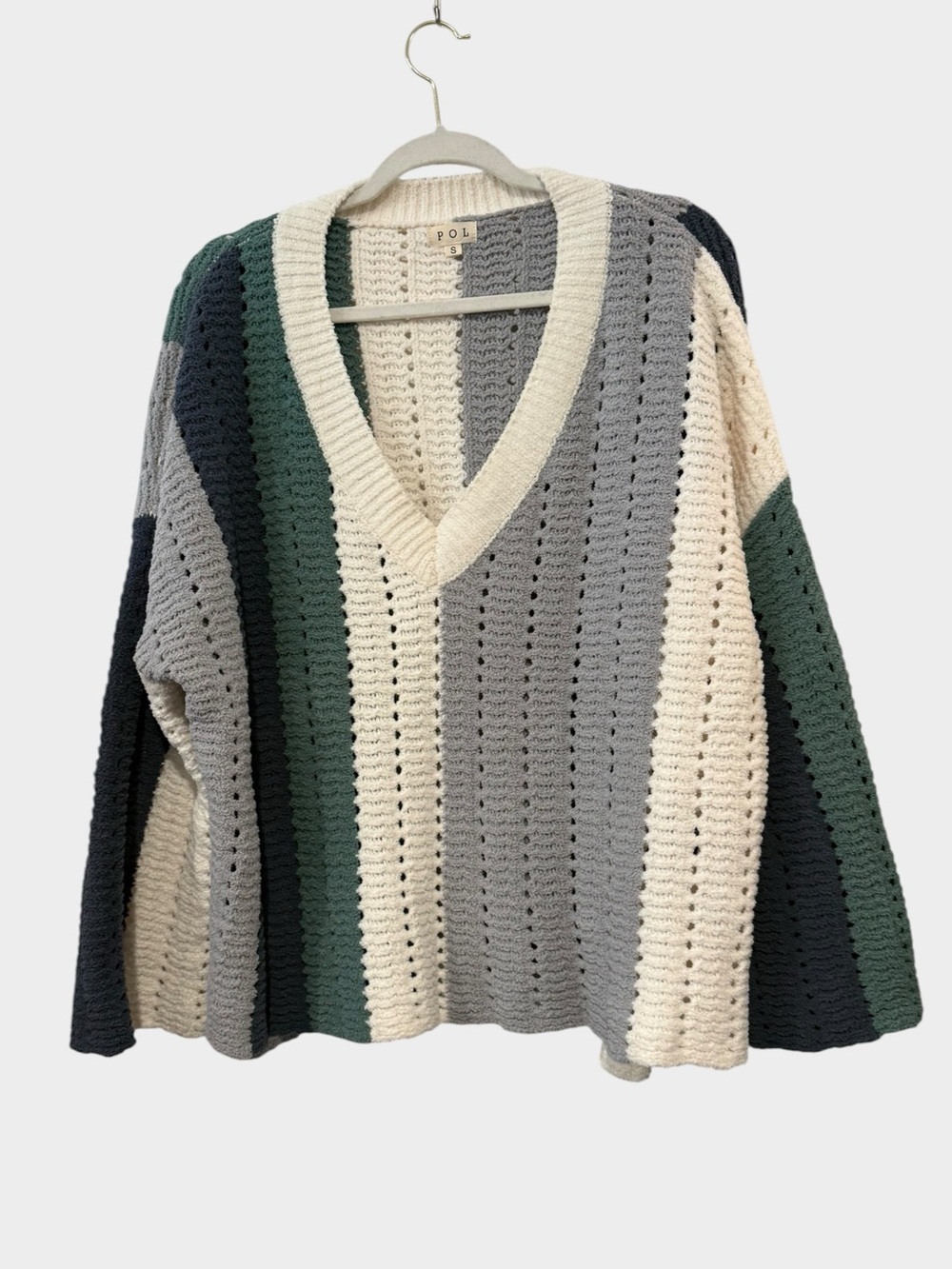 POL Small Oversized Striped Open Knit V Neck Chunky Fuzzy Sweater Boho